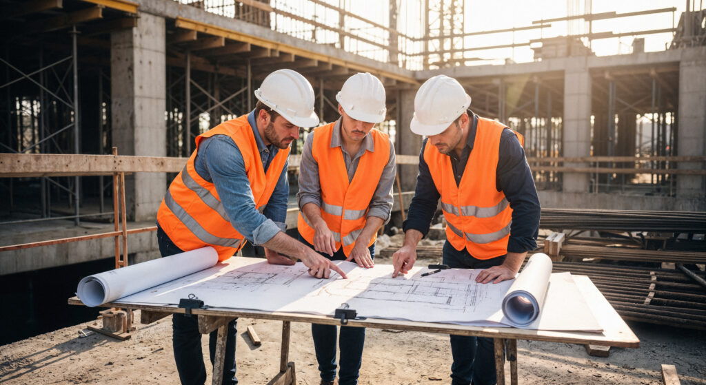 construction-workers-collaborating-blueprints-construction-site